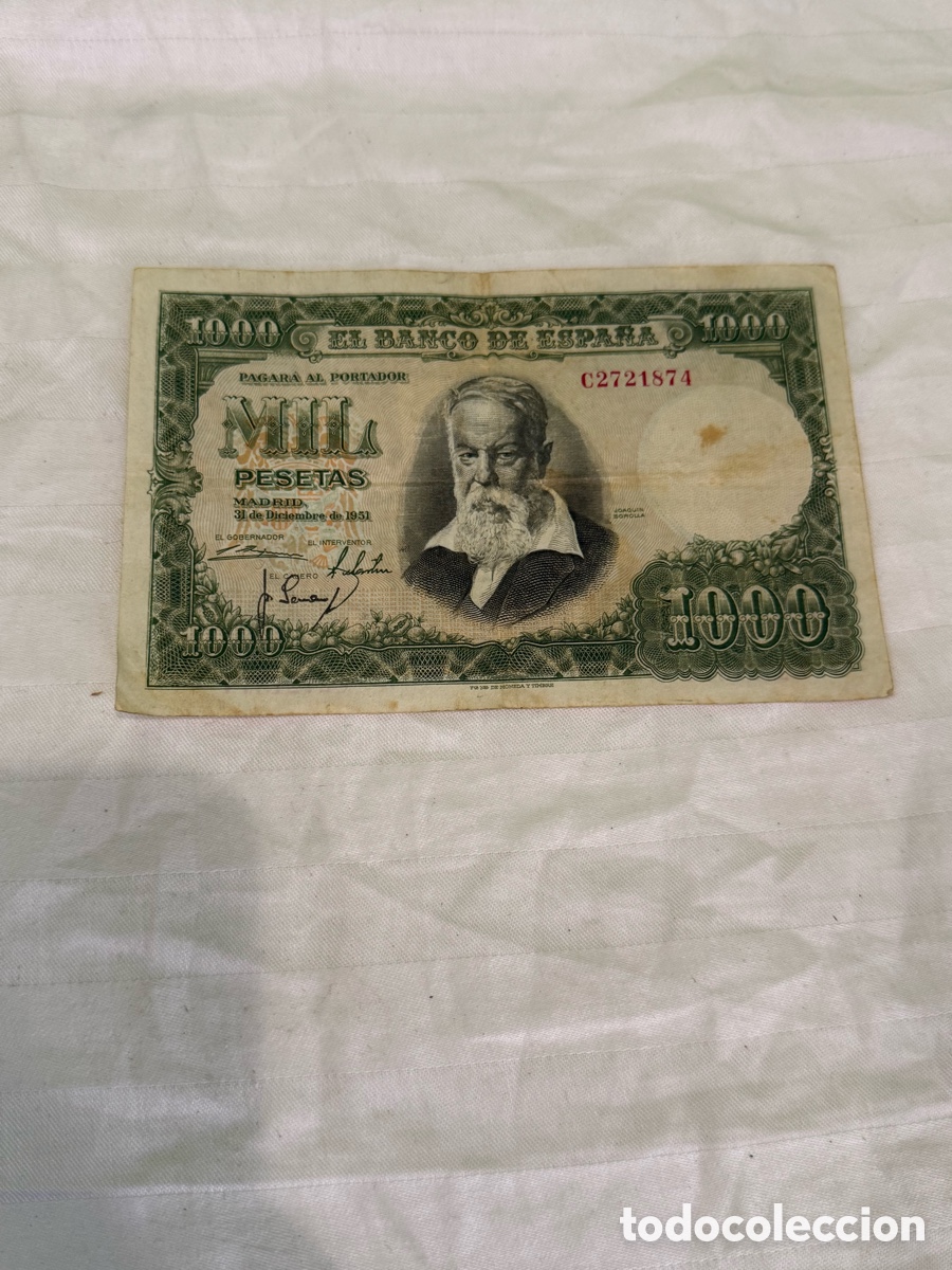 Billets espagnols: 1000 PESETAS 1951 &ndash; JOAQU&Iacute;N SOROLLA &ndash; SERIE C &ndash; C2721874 &ndash; BANCO DE ESPA&Ntilde;A &ndash; ORIGINAL