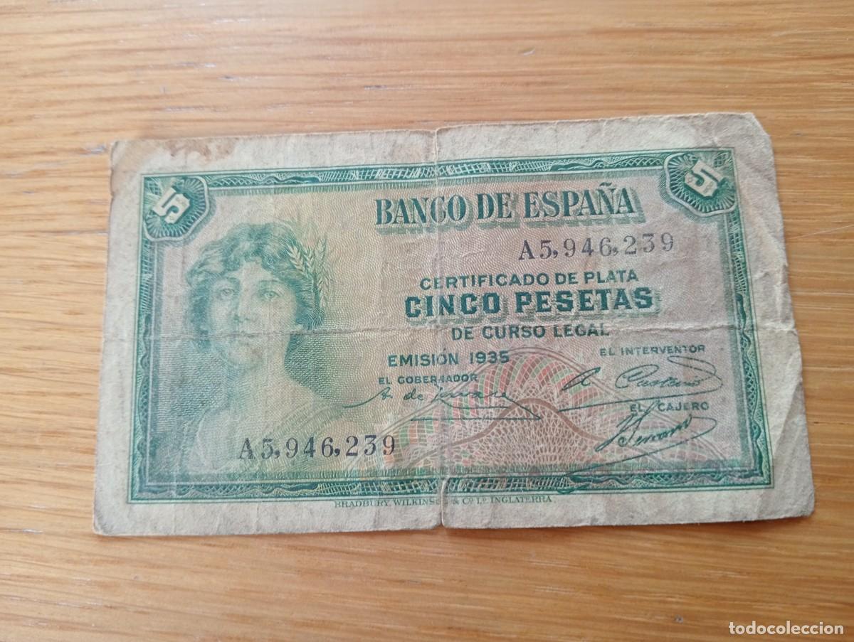 Notas espanholas: BILLETE DE ESPA&Ntilde;A. 5 PESETAS. N.&ordm; A5.946.239. A&Ntilde;O 1935 (2&ordf; Rep&uacute;blica). PICK: 85a.2. CIRCULADO.