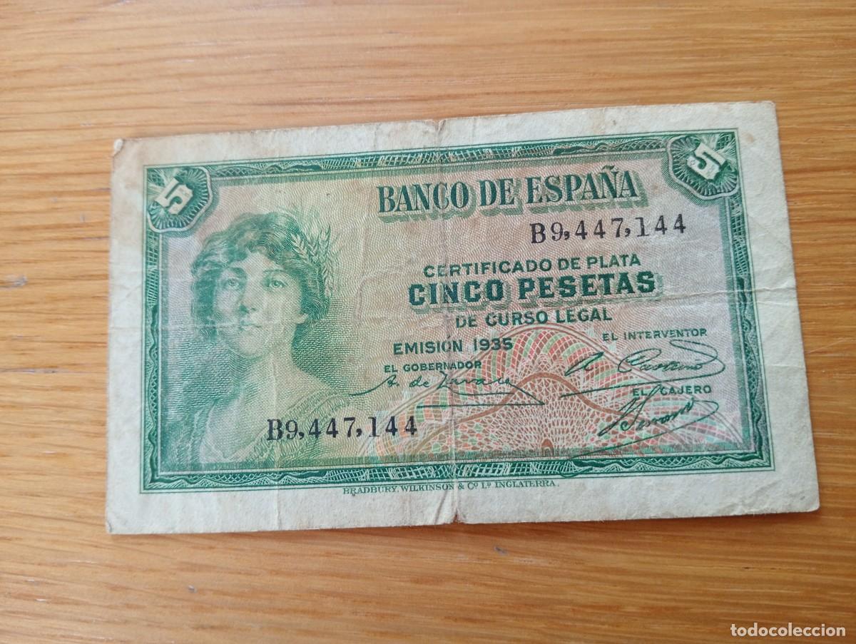 Billets espagnols: BILLETE DE ESPA&Ntilde;A. 5 PESETAS. N.&ordm; B9.447.144. A&Ntilde;O 1935 (2&ordf; Rep&uacute;blica). PICK: 85a.2. CIRCULADO.