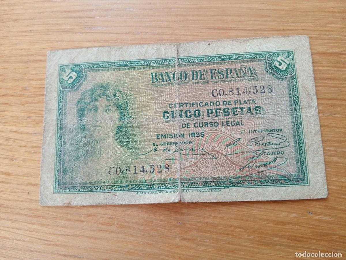 Billets espagnols: BILLETE DE ESPA&Ntilde;A. 5 PESETAS. N.&ordm; C0.814.528. A&Ntilde;O 1935 (2&ordf; Rep&uacute;blica). PICK: 85a.2. CIRCULADO.
