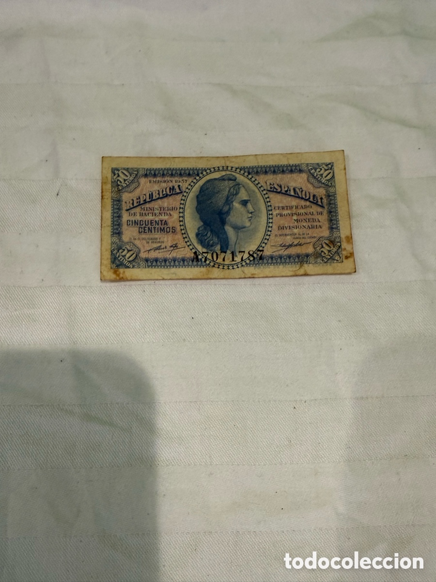 Notas espanholas: 50 C&Eacute;NTIMOS 1937 &ndash; REP&Uacute;BLICA ESPA&Ntilde;OLA &ndash; SERIE A &ndash; A7071787 &ndash; ORIGINAL