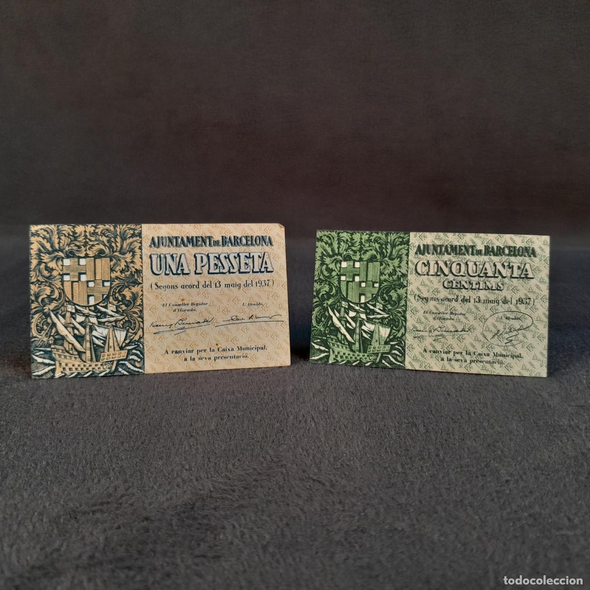 Notas espanholas: BILL-235. LOTE DE 2 BILLETES DE 50 C&Eacute;NTIMOS Y 1 PESETA DE BARCELONA. PAPEL. 1937