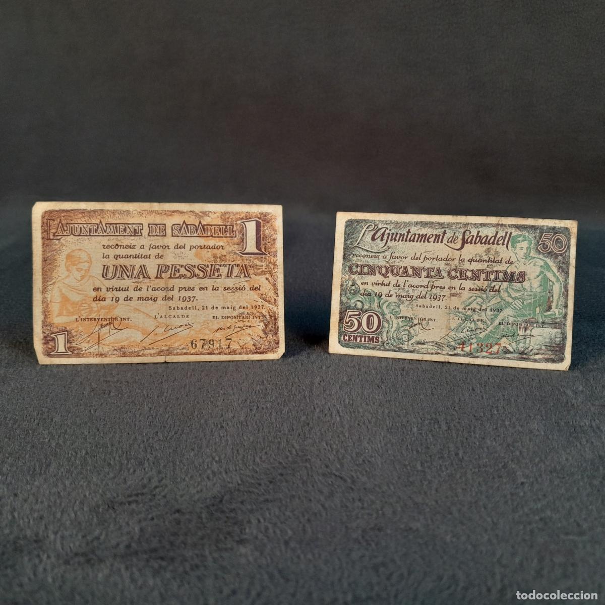 Notas espanholas: BILL-236. LOTE DE 2 BILLETES DE 50 C&Eacute;NTIMOS Y 1 PESETA DE SABADELL. PAPEL. 1937