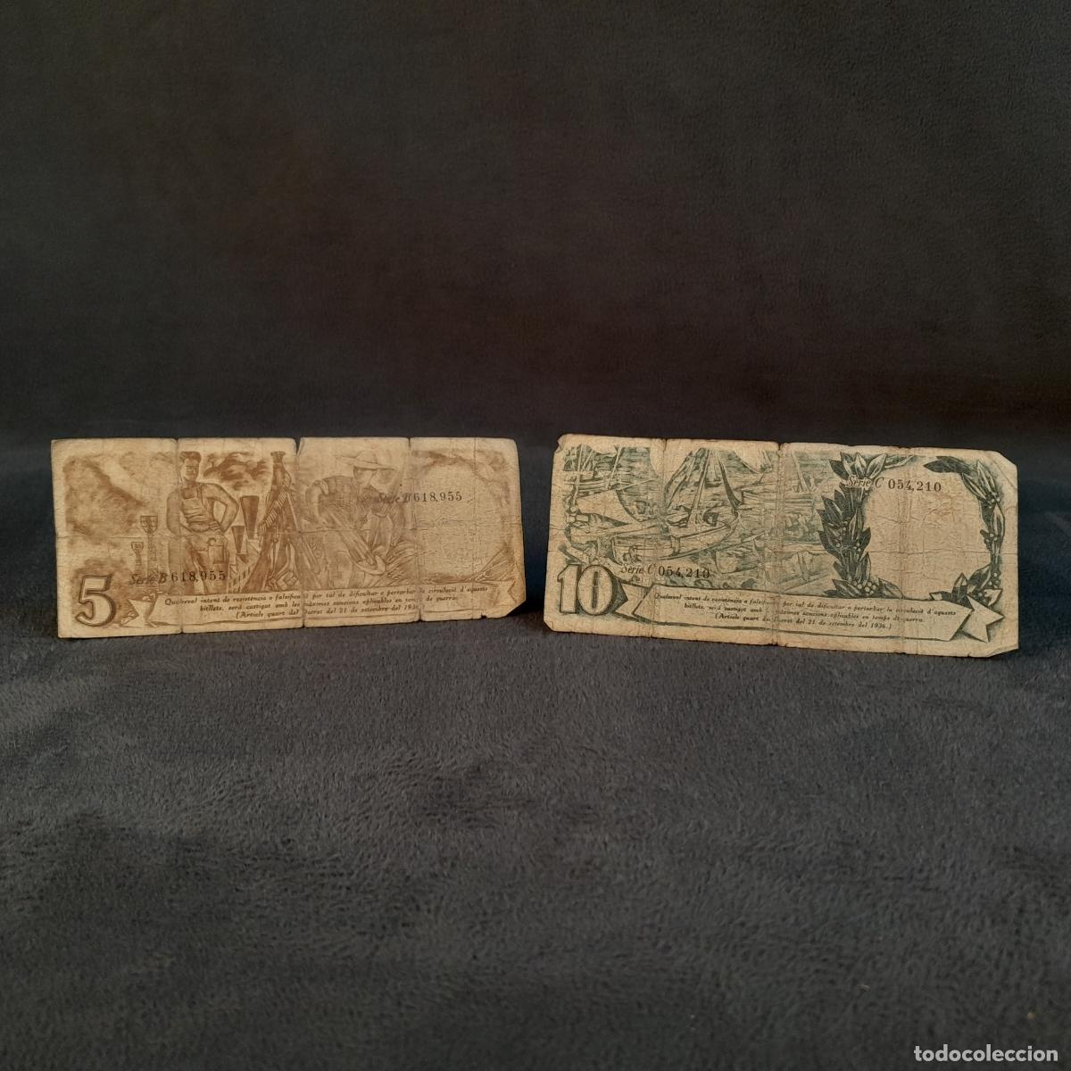 Spanische Banknoten: BILL-234. LOTE DE 2 BILLETES DE 5 Y 10 PESETAS. PAPEL. 1936