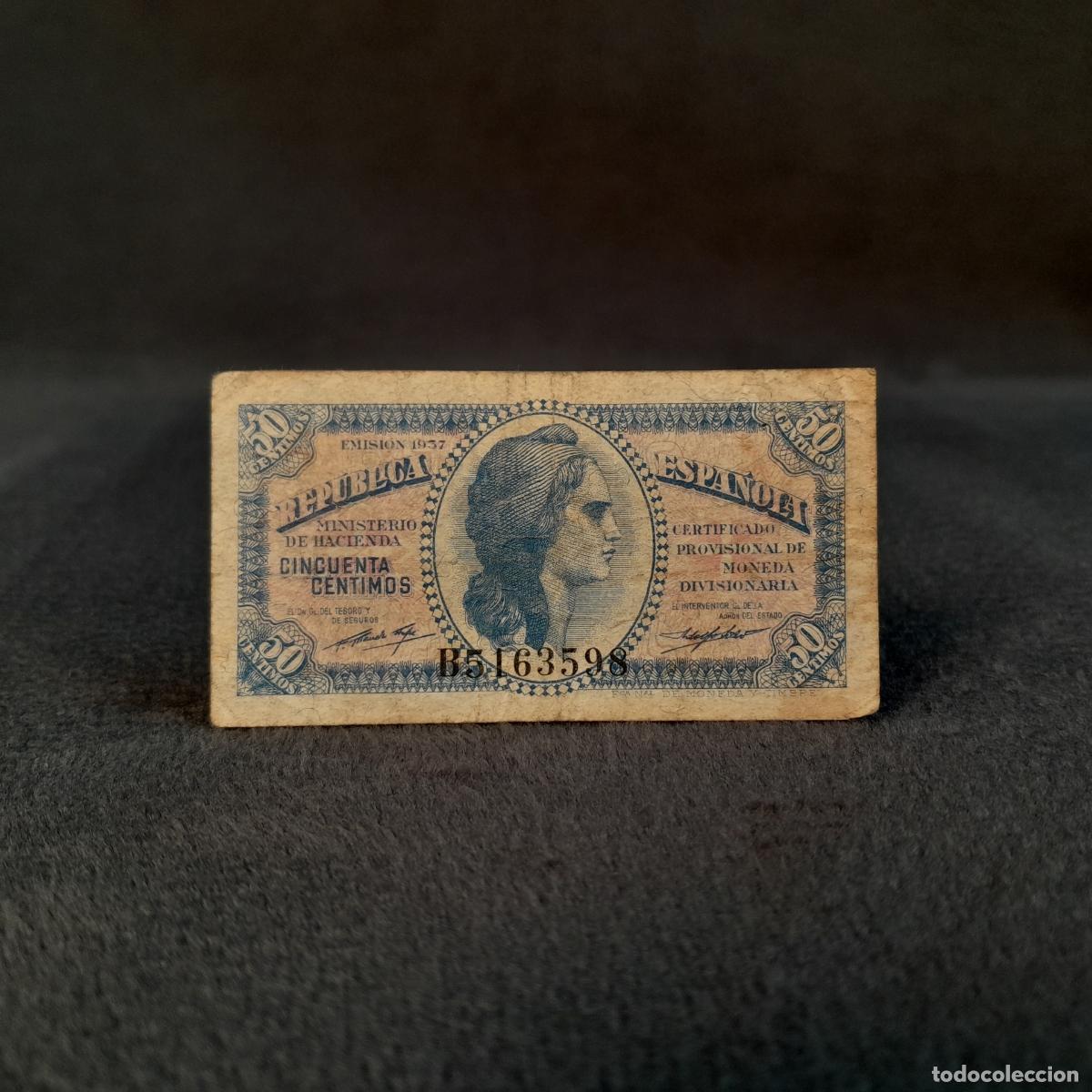 Spanish Banknotes: BILL-239. CERTIFICADO PROVISIONAL DE MONEDA DIVISIONARIA DE 50 C&Eacute;NTIMOS. PAPEL. 1937