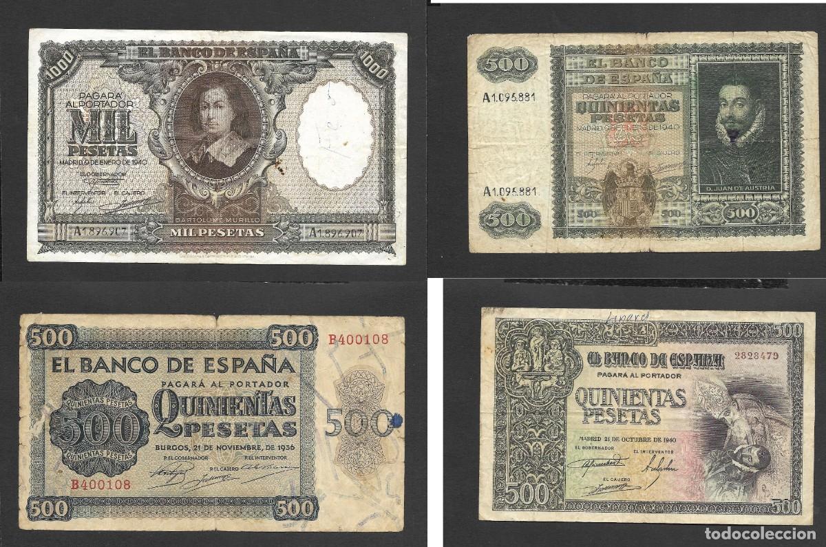 Billetes espa&ntilde;oles: 4 BILLETES (3) 500 (1) 1000 PESETAS 1936-1940 MBC-