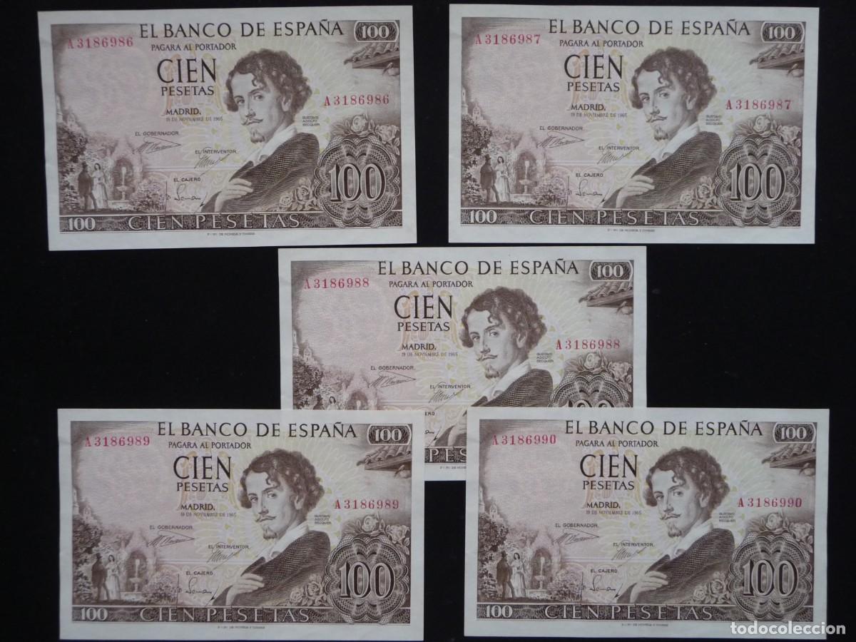 Billets espagnols: LOTE DE 5 BILLETES CORRELATIVOS DE 100 PESETAS B&Eacute;CQUER 1965, SERIE A, CALIDAD EBC