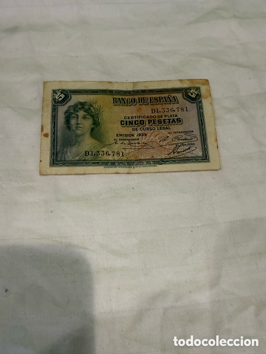 Notas espanholas: Billete original Banco de Espa&ntilde;a 5 Pesetas 1935 &ndash; Certificado de Plata &ndash; Serie D &ndash; D1.336.781