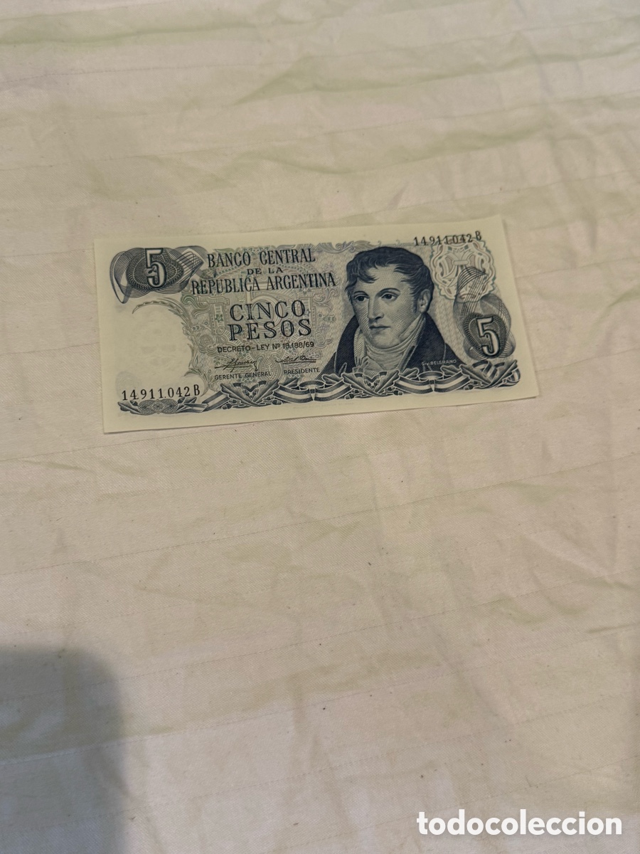 Spanish Banknotes: Billete original Argentina 5 Pesos 1975 &ndash; Manuel Belgrano &ndash; Serie B &ndash; 14911.042 B &ndash; Plancha