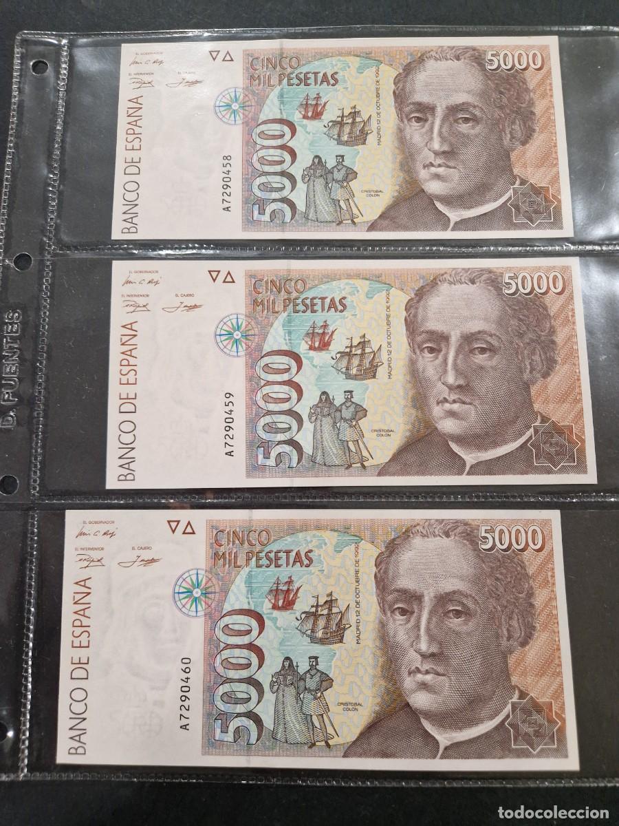 Billetes espa&ntilde;oles: Lote de 3 billetes serie correlativa de 5000 pesetas Col&oacute;n.