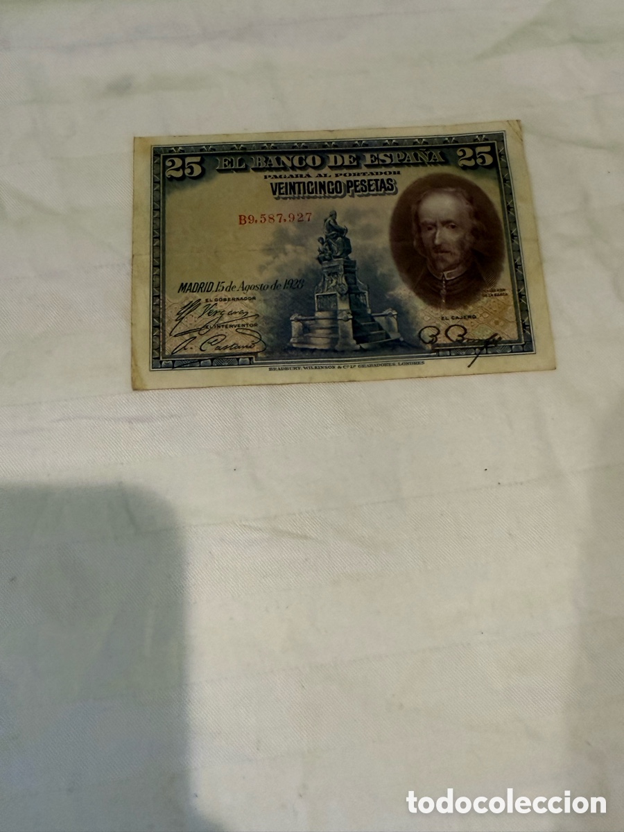 Notas espanholas: Billete original Espa&ntilde;a 25 Pesetas 1928 &ndash; Calder&oacute;n de la Barca &ndash; Serie B &ndash; B9.587.927