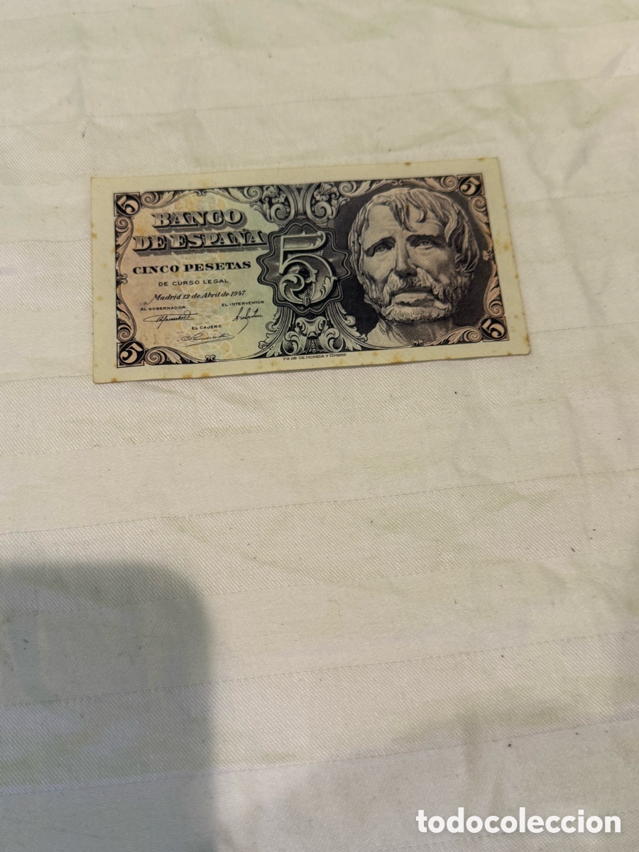 Banconote spagnole: 5 Pesetas 1947 S&eacute;neca &ndash; SIN SERIE &ndash; N&ordm; 6.305.319. Plancha