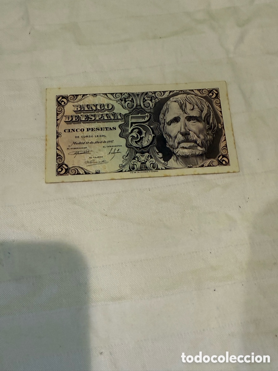 Banconote spagnole: 5 Pesetas 1947 S&eacute;neca &ndash; SIN SERIE &ndash; N&ordm; 6.305.317 &ndash; Plancha
