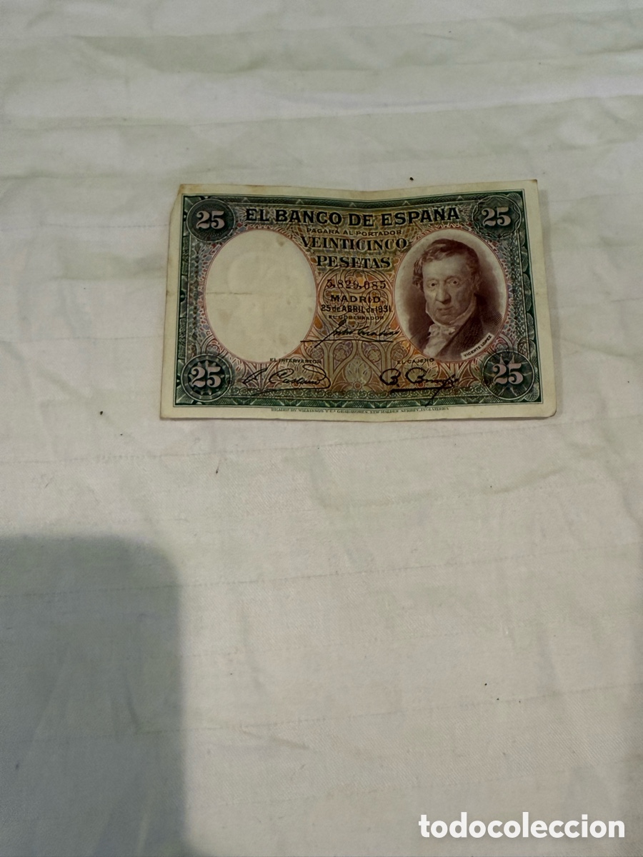 Notas espanholas: 25 Pesetas 1931 &ndash; Vicente L&oacute;pez &ndash; Banco de Espa&ntilde;a &ndash; Sin Serie