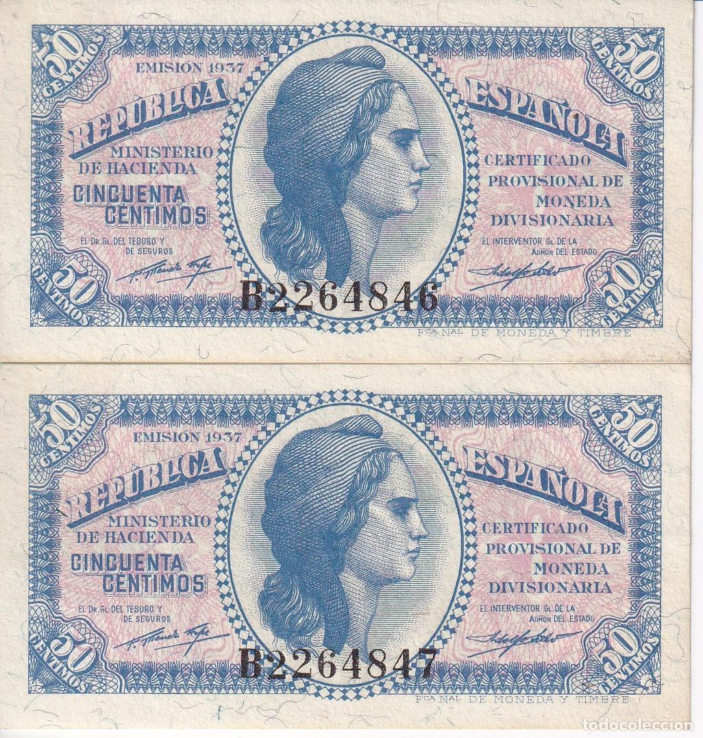 Notas espanholas: PAREJA CORRELATIVA DE 50 C&Eacute;NTIMOS DEL A&Ntilde;O 1937 SERIE B SIN CIRCULAR - REPUBLICA ESPA&Ntilde;OLA
