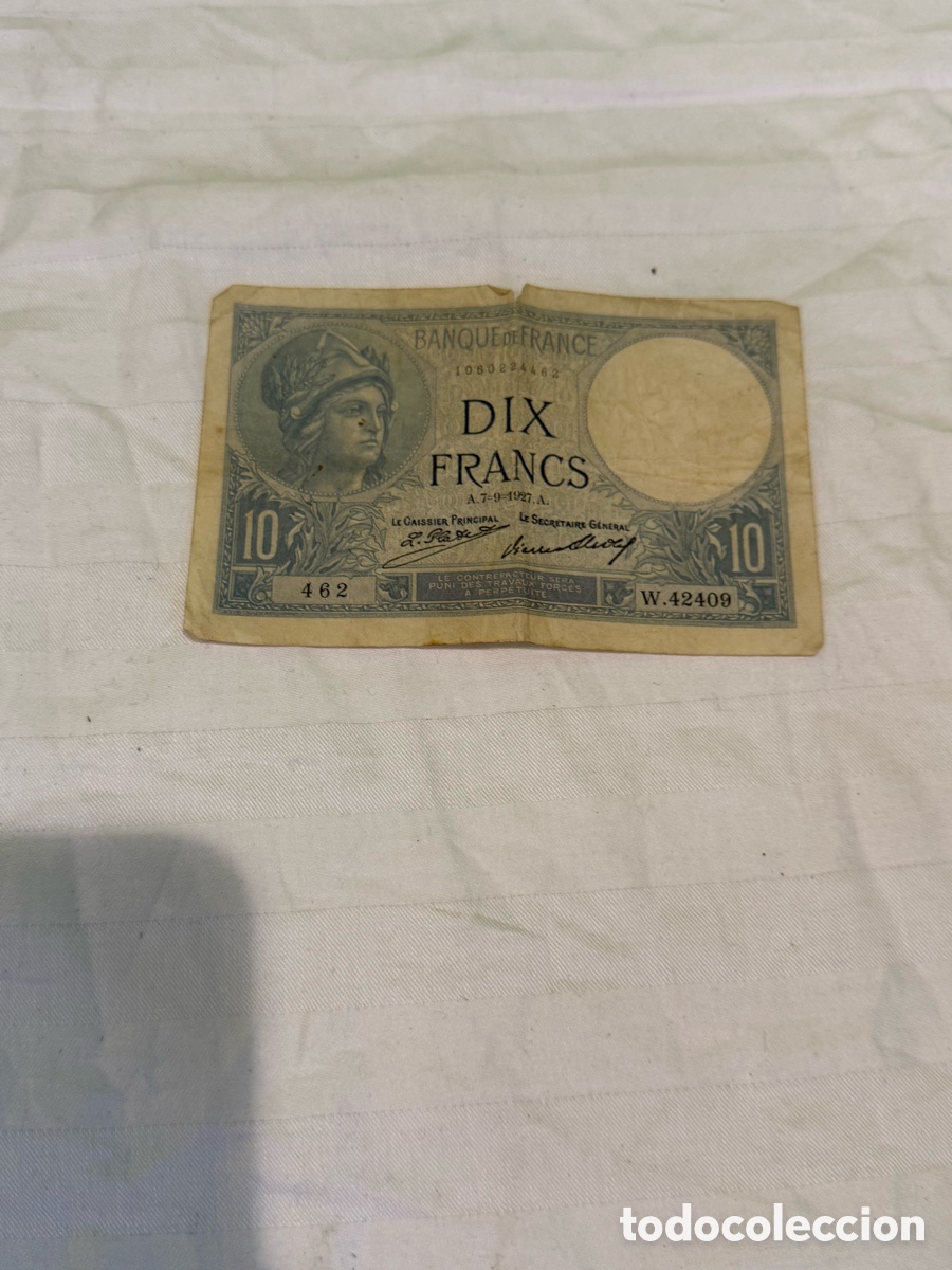 Notas espanholas: 10 Francos Francia 1927 &ndash; Minerve &ndash; Banque de France