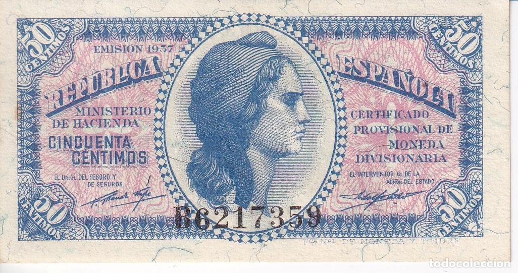 Notas espanholas: BILLETE DE 50 CENTIMOS DEL A&Ntilde;O 1937 SERIE B SIN CIRCULAR (SC) REPUBLICA ESPA&Ntilde;OLA