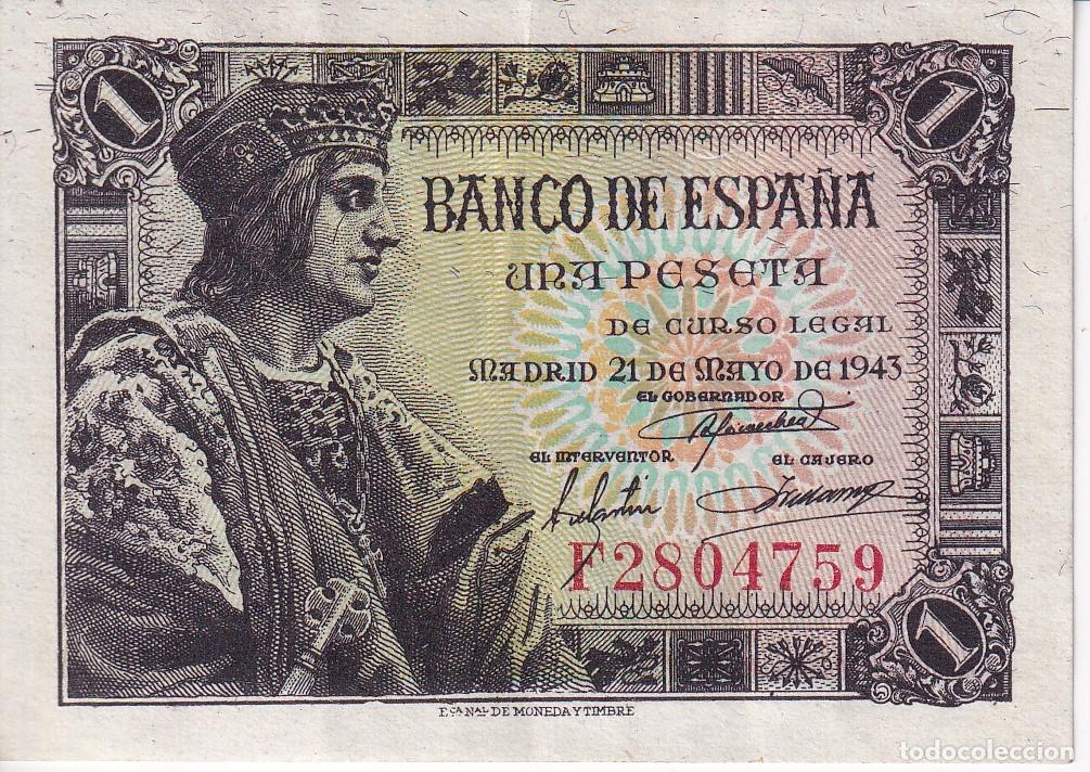 Spanish Banknotes: BILLETE DE 1 PESETA DEL A&Ntilde;O 1943 DE FERNANDO EL CATOLICO SERIE F EN CALIDAD EBC