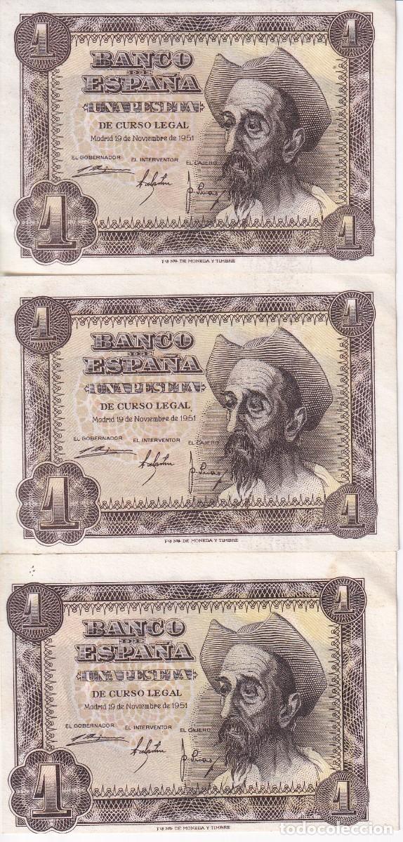 Notas espanholas: TRIO CORRELATIVO DE 1 PESETA DEL A&Ntilde;O 1951 SERIE P CALIDAD EBC - EL QUIJOTE