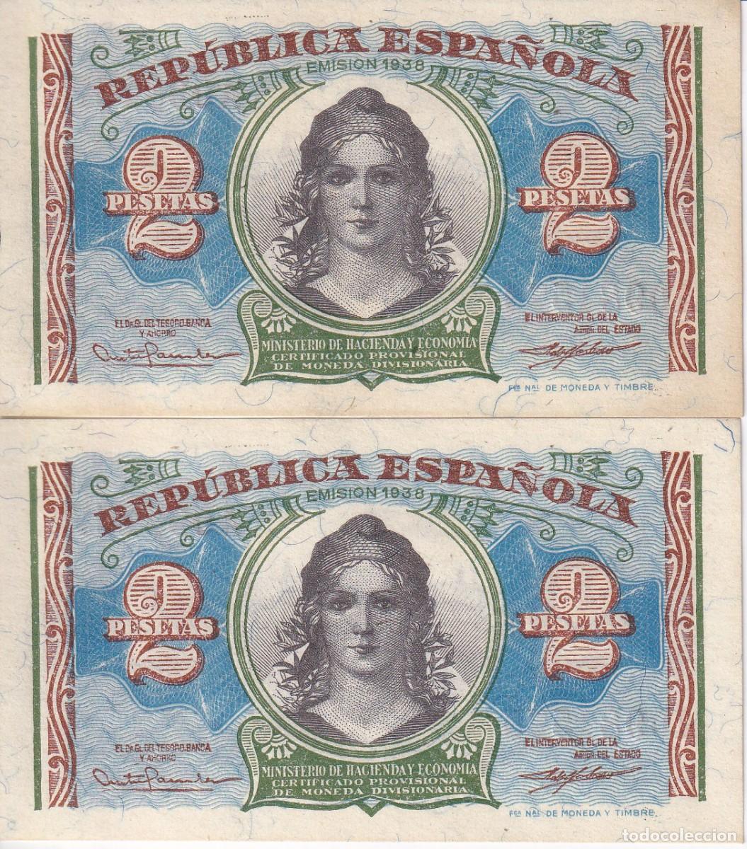 Spanish Banknotes: PAREJA CORRELATIVA DE 2 PESETAS DEL A&Ntilde;O 1938 SERIE A DE LA REPUBLICA ESPA&Ntilde;OLA SIN CIRCULAR (SC)
