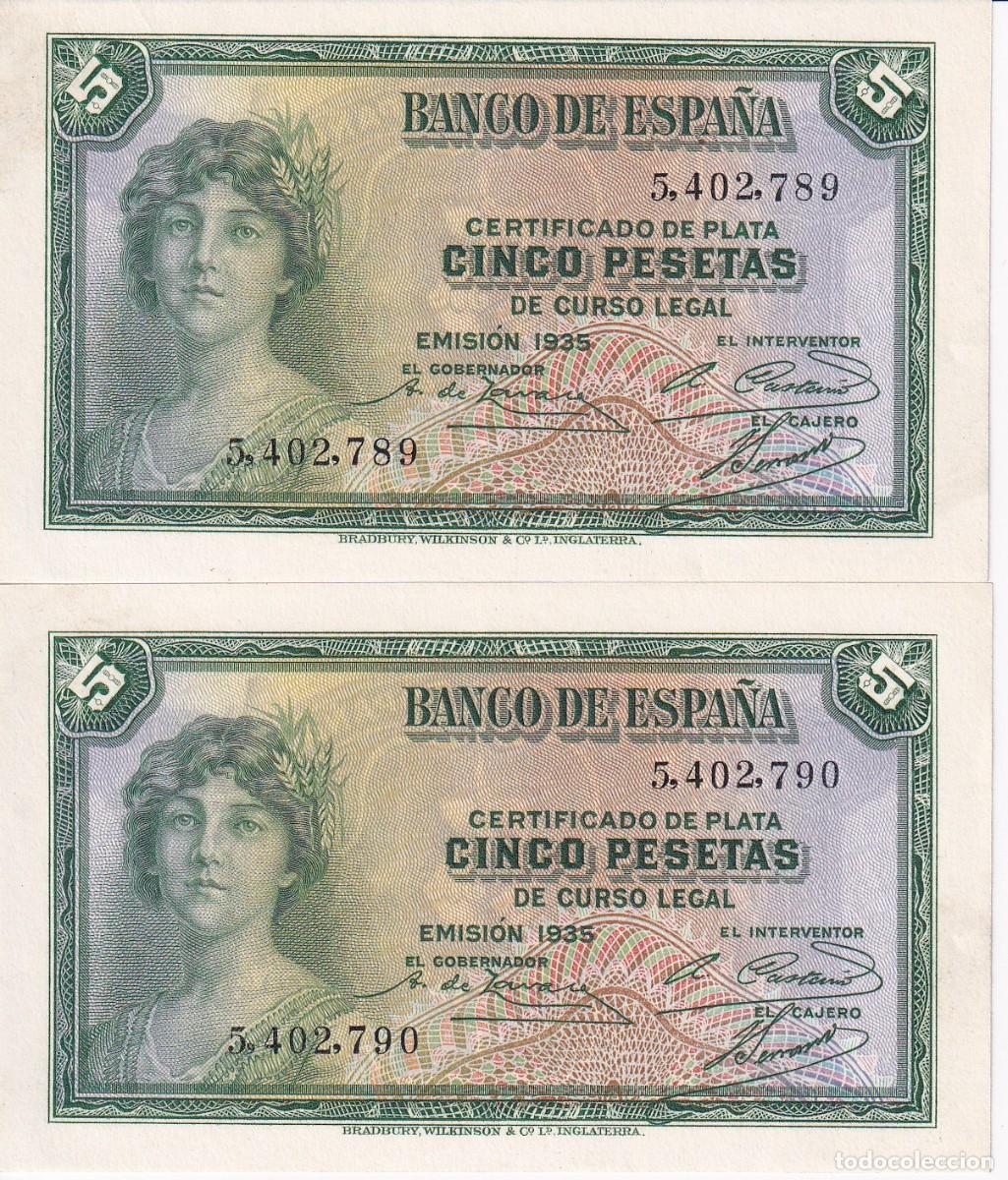 Notas espanholas: PAREJA CORRELATIVA DE 5 PESETAS DEL A&Ntilde;O 1935 SIN SERIE SIN CIRCULAR (SC) CERTIFICADO DE PLATA