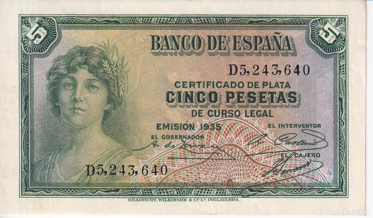 Billets espagnols: BILLETE DE 5 PESETAS DEL A&Ntilde;O 1935 SERIE D CON CERTIFICADO DE PLATA SIN CIRCULAR (SC)