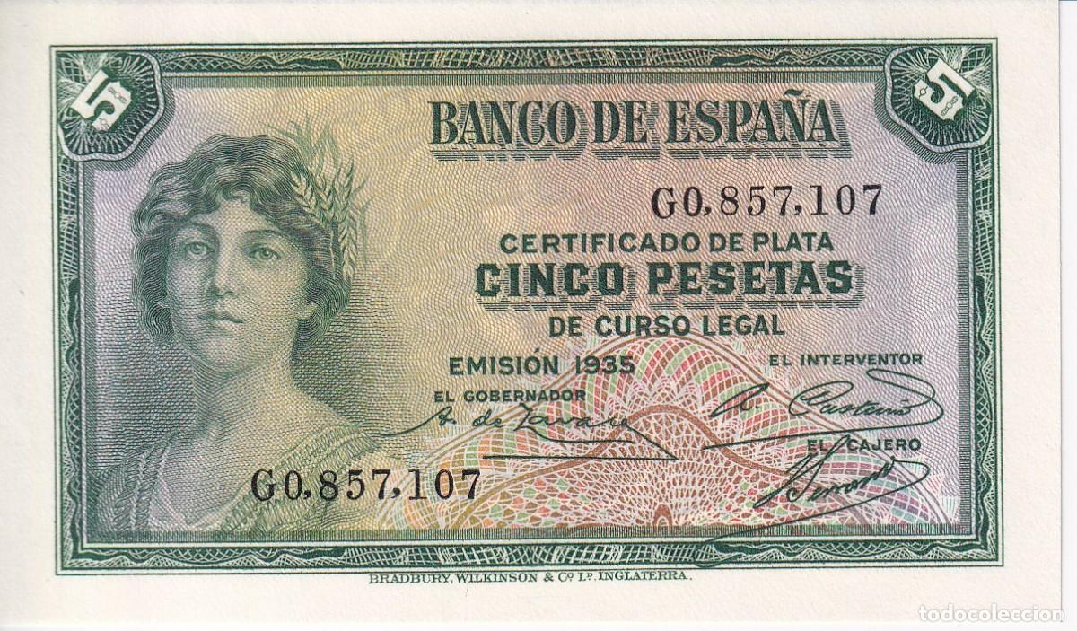 Notas espanholas: BILLETE DE 5 PESETAS DEL A&Ntilde;O 1935 SERIE G CON CERTIFICADO DE PLATA SIN CIRCULAR (SC)