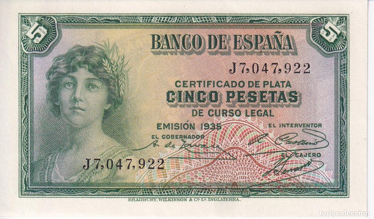 Notas espanholas: BILLETE DE 5 PESETAS DEL A&Ntilde;O 1935 SERIE J CON CERTIFICADO DE PLATA SIN CIRCULAR (SC)