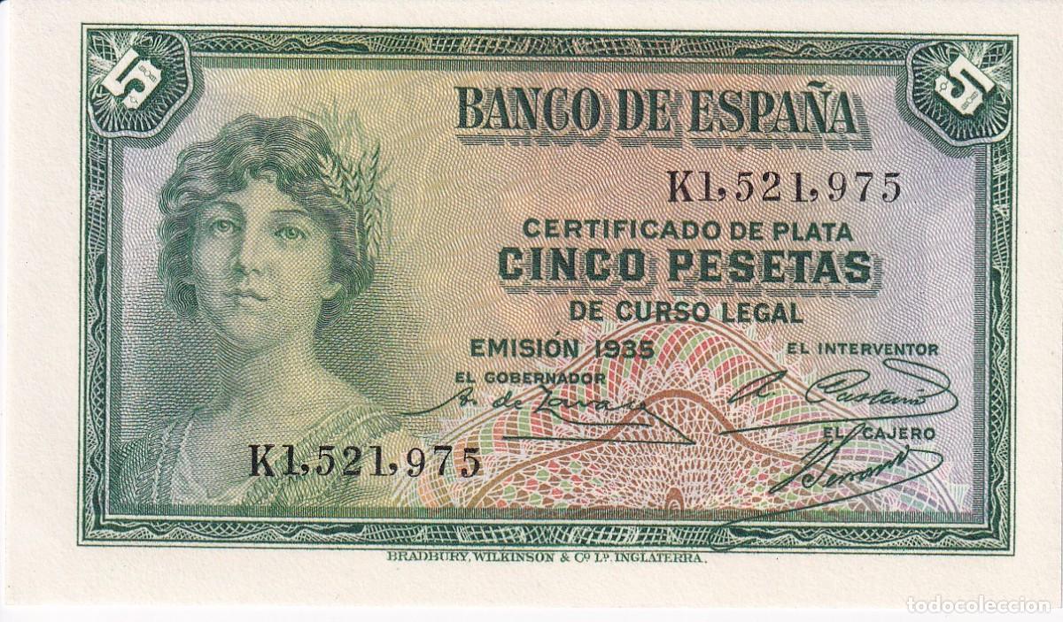 Banconote spagnole: BILLETE DE 5 PESETAS DEL A&Ntilde;O 1935 SERIE K CON CERTIFICADO DE PLATA SIN CIRCULAR (SC)