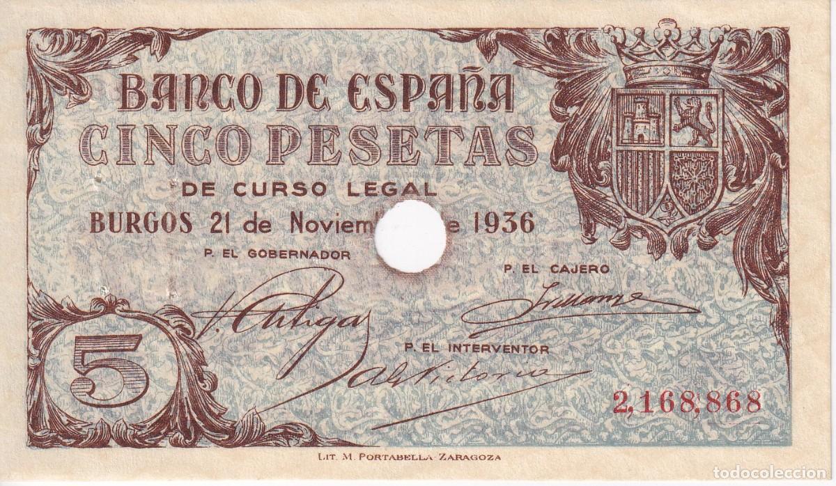 Notas espanholas: BILLETE DE BURGOS DE 5 PESETAS DEL 21 DE NOVIEMBRE DE 1936 (MUY RARO)