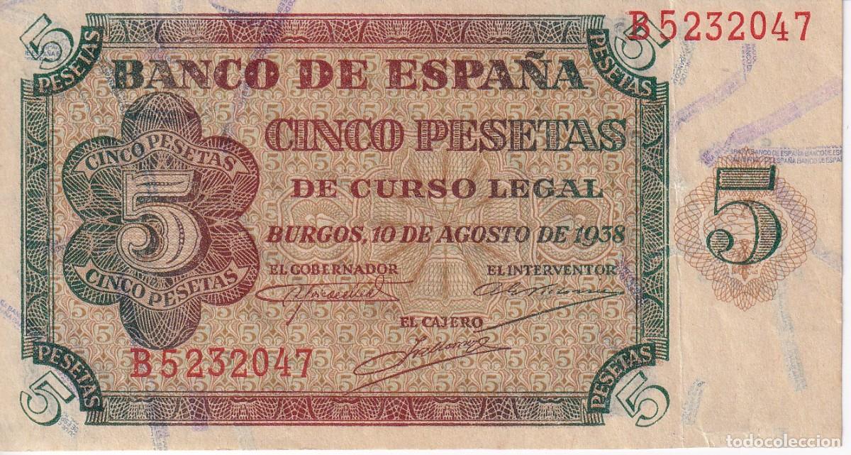 Notas espanholas: BILLETE DE BURGOS DE 5 PESETAS DEL 10 DE AGOSTO DE 1938 SERIE B EN CALIDAD EBC
