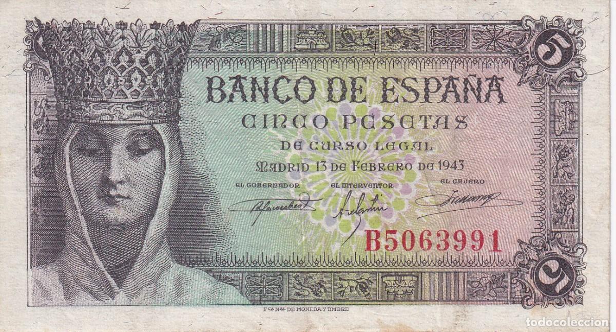 Banconote spagnole: BILLETE DE 5 PESETAS DEL A&Ntilde;O 1943 DE ISABEL LA CATOLICA DE LA SERIE B EN CALIDAD EBC
