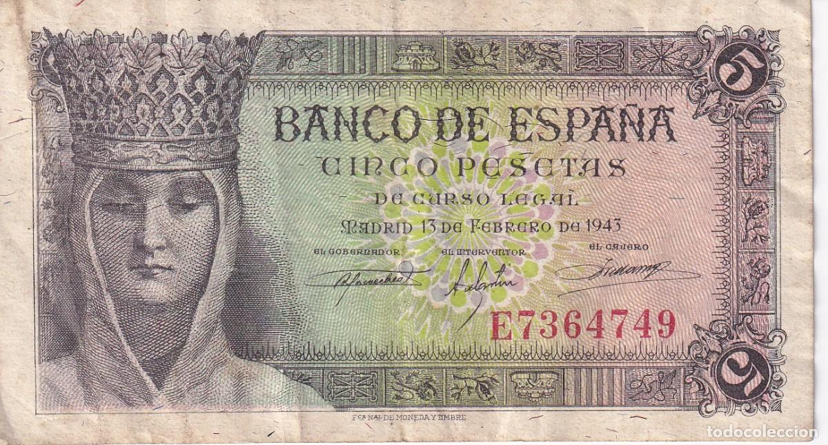 Spanish Banknotes: BILLETE DE 5 PESETAS DEL A&Ntilde;O 1943 DE ISABEL LA CATOLICA DE LA SERIE E