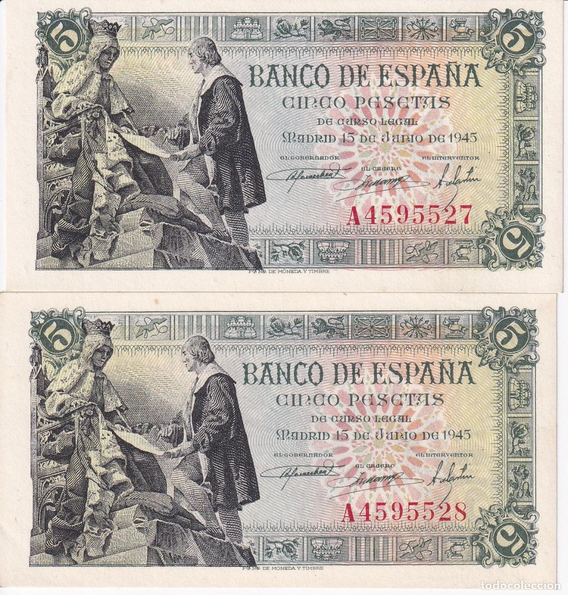 Billets espagnols: PAREJA CORRELATIVA DE 5 PESETAS DEL A&Ntilde;O 1945 DE ISABEL LA CATOLICA Y COLON SERIE A SIN CIRCULAR (SC)