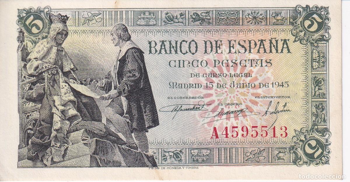 Notas espanholas: BILLETE DE 5 PESETAS DEL A&Ntilde;O 1945 DE ISABEL LA CATOLICA - COLON SERIE A EN CALIDAD EBC