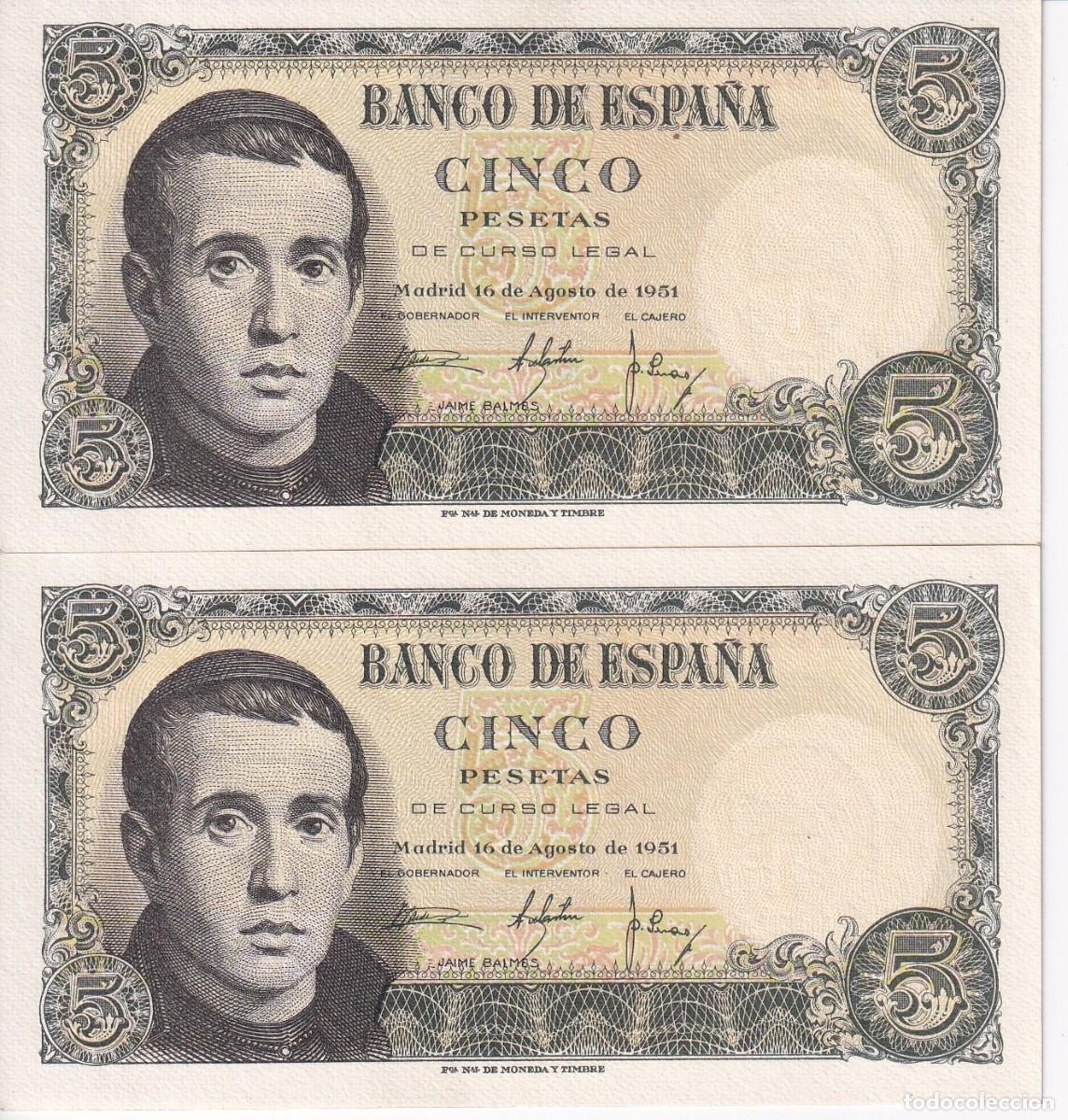 Billets espagnols: PAREJA CORRELATIVA DE 5 PESETAS DEL 16/08/1951 DE JAUME BALMES SERIE Z SIN CIRCULAR (SC)