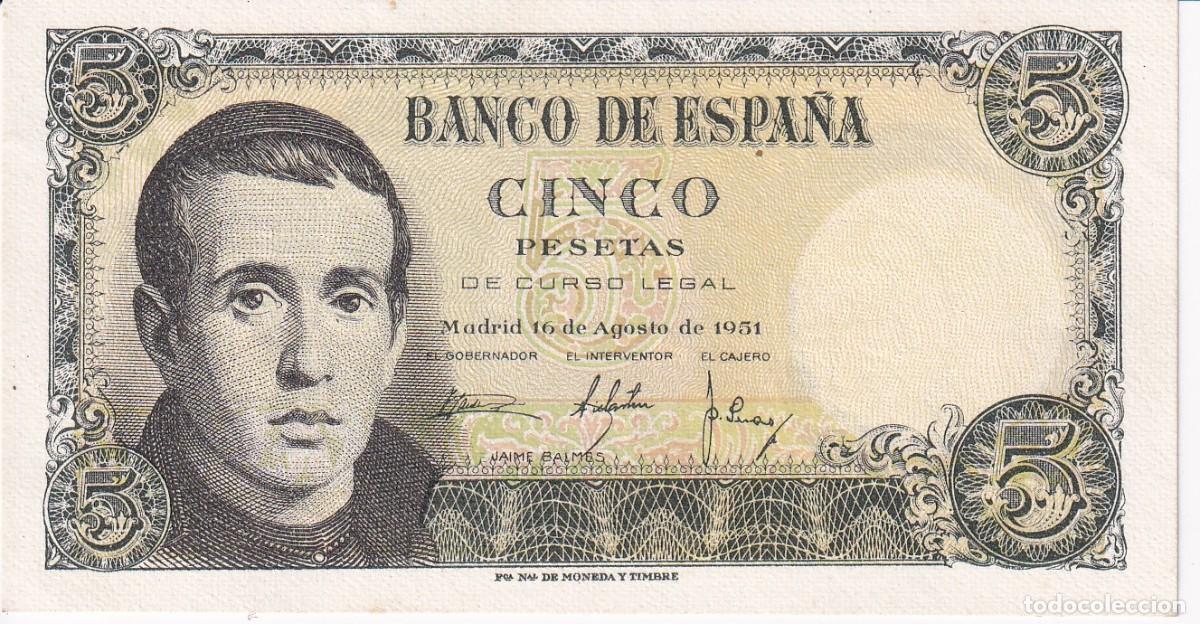 Banconote spagnole: BILLETE DE 5 PESETAS DEL 16/08/1951 DE JAUME BALMES SERIE 1H SIN CIRCULAR (SC)