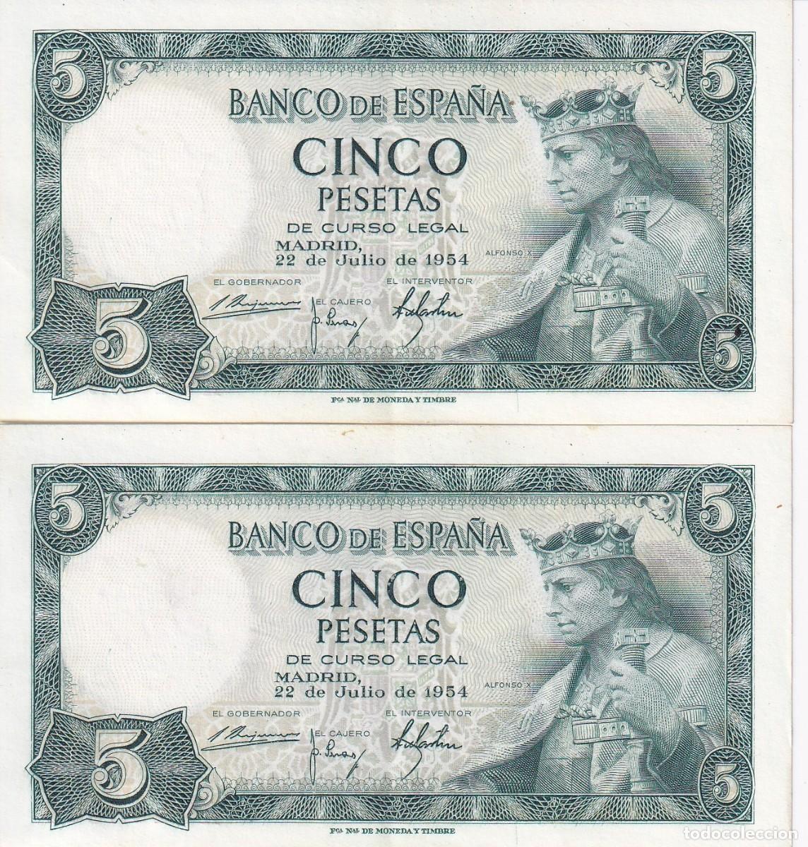 Spanische Banknoten: PAREJA CORRELATIVA DE 5 PESETAS DE ALFONSO X DEL A&Ntilde;O 1954 SERIE A EN CALIDAD EBC