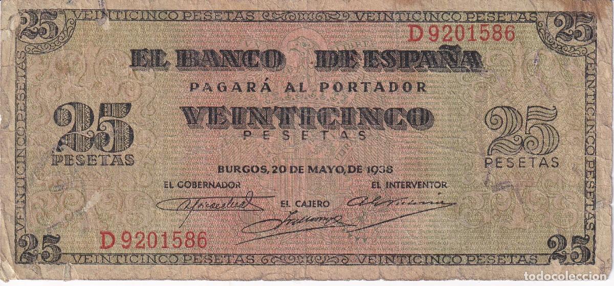 Notas espanholas: BILLETE DE BURGOS DE 25 PESETAS DEL A&Ntilde;O 1938 DE LA SERIE D