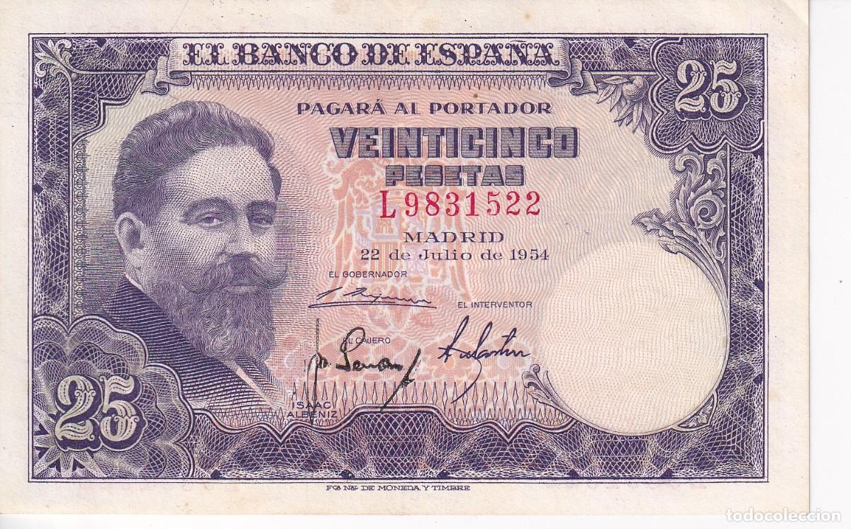 Banconote spagnole: BILLETE DE 25 PESETAS DEL A&Ntilde;O 1954 DE ISAAC ALBENIZ SERIE L EN CALIDAD EBC