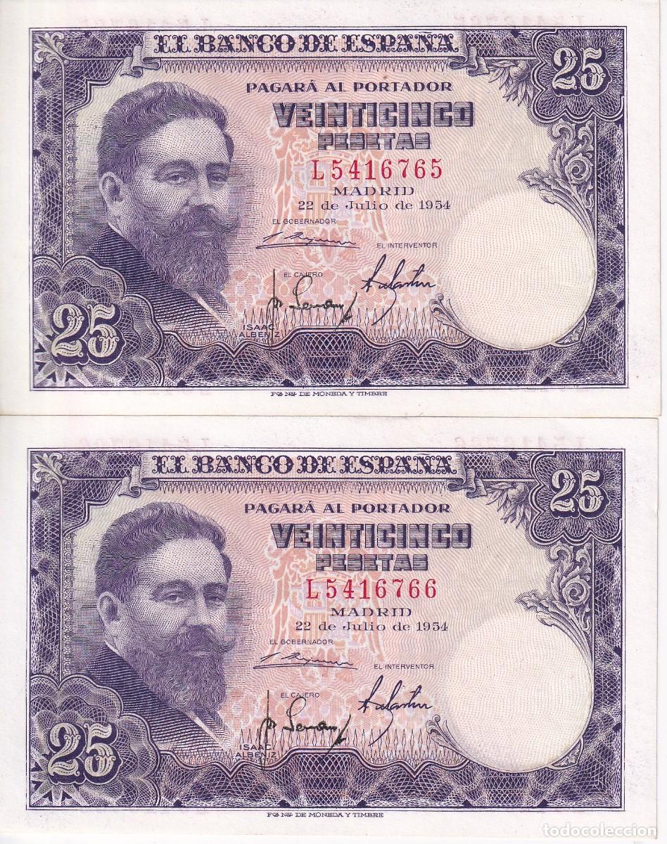 Billets espagnols: PAREJA CORRELATIVA DE 25 PESETAS DEL A&Ntilde;O 1954 DE ISAAC ALBENIZ SERIE L SIN CIRCULAR (SC)