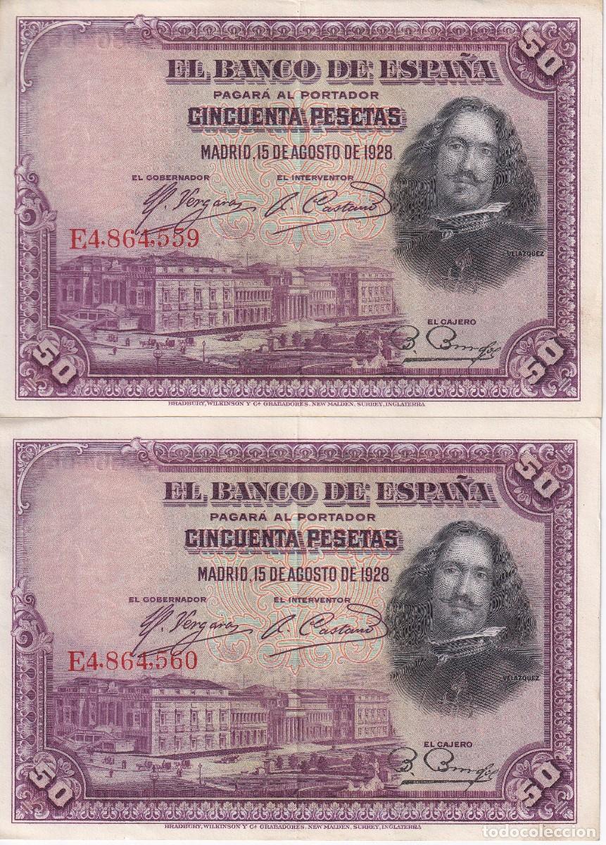 Banconote spagnole: PAREJA CORRELATIVA DE 50 PESETAS DEL A&Ntilde;O 1928 DE LA SERIE E EN CALIDAD EBC