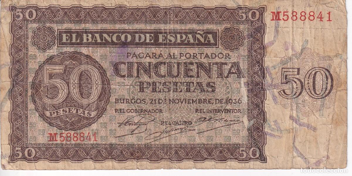 Notas espanholas: BILLETE DE BURGOS DE 50 PESETAS DEL A&Ntilde;O 1936 DE LA SERIE M
