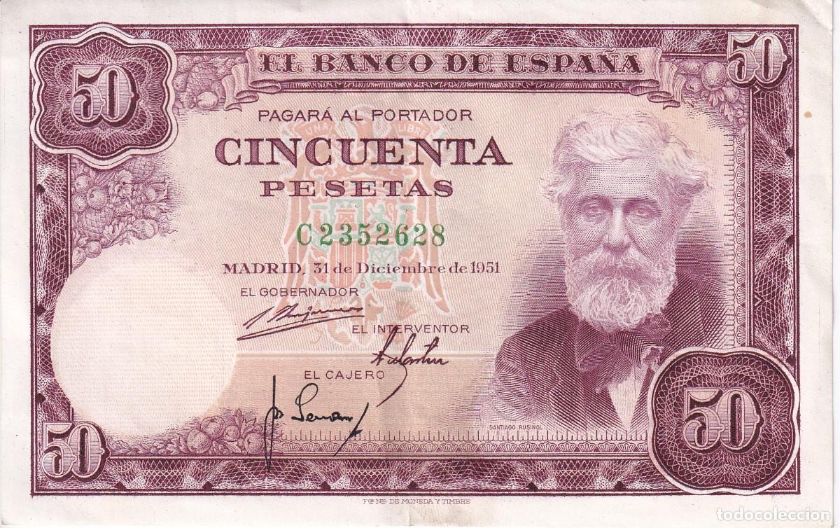 Notas espanholas: BILLETE DE 50 PESETAS DEL A&Ntilde;O 1951 DE SANTIAGO RUSI&Ntilde;OL SERIE C EN CALIDAD EBC