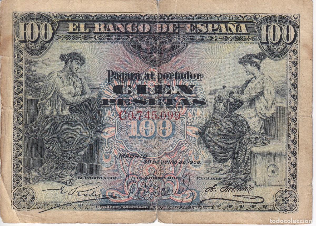 Notas espanholas: BILLETE CLASICO DE 100 PESETAS DEL A&Ntilde;O 1906 DE LA SERIE C (DIFICIL)