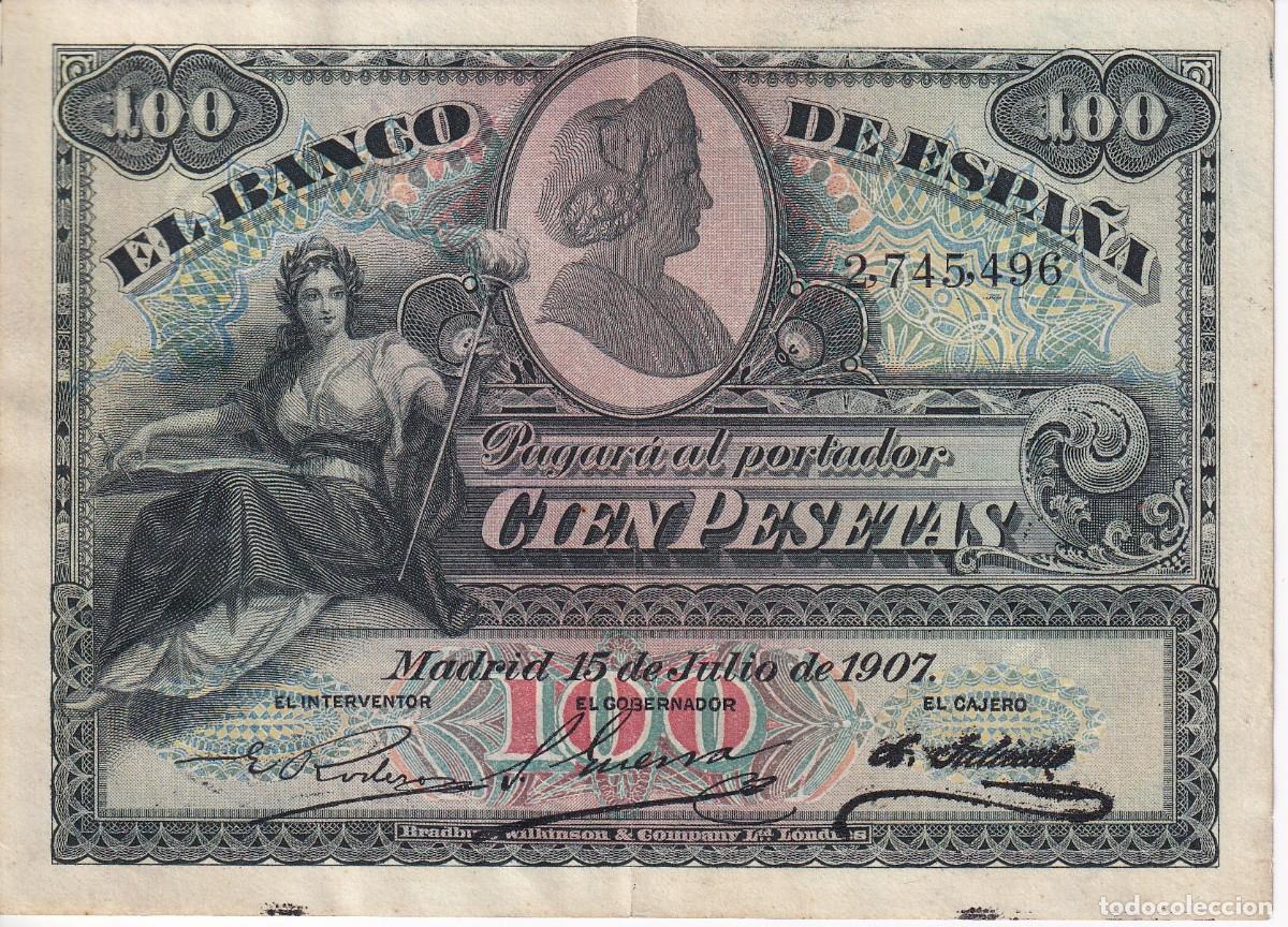 Notas espanholas: BILLETE CLASICO DE 100 PESETAS DEL A&Ntilde;O 1907 SIN SERIE EN CALIDAD EBC (DIFICIL)