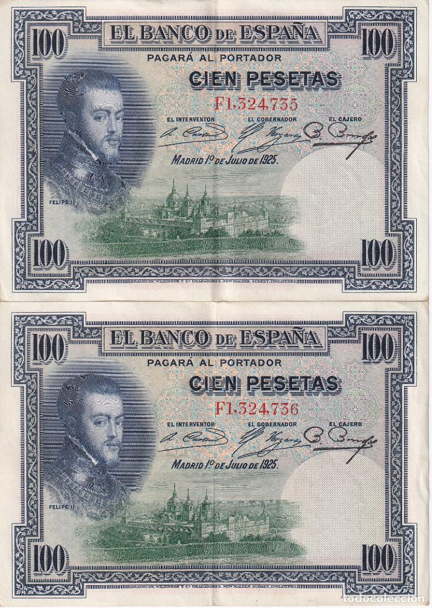 Notas espanholas: PAREJA CORRELATIVA DE 100 PESETAS DEL A&Ntilde;O 1925 SERIE F EN CALIDAD EBC