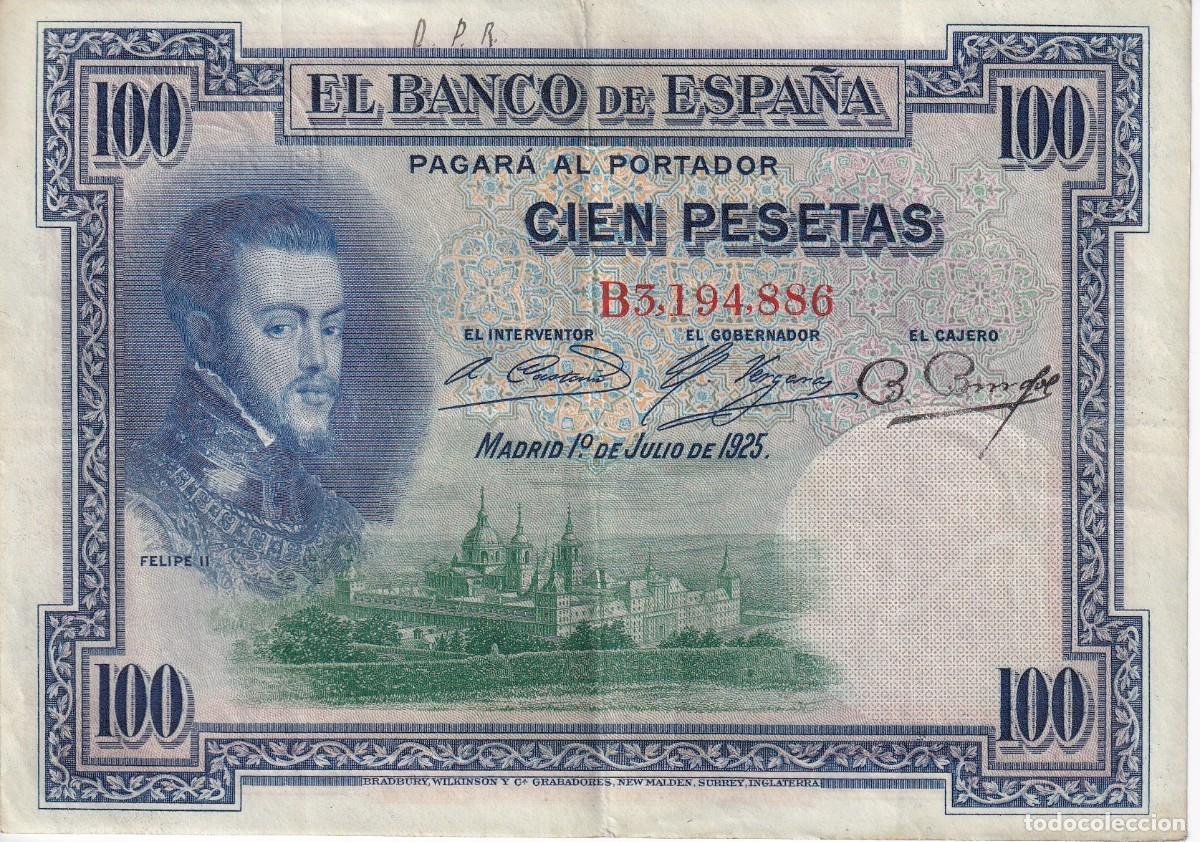 Banconote spagnole: BILLETE DE 100 PESETAS DEL A&Ntilde;O 1925 CON SELLO SECO DE LA REPUBLICA ESPA&Ntilde;OLA (RARO)