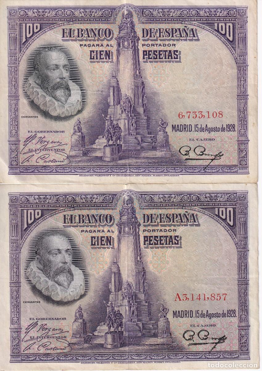 Notas espanholas: SERIE COMPLETA DE 2 BILLETES DE 100 PESETAS DEL A&Ntilde;O 1928 SIN SERIE Y SERIE A (CERVANTES)