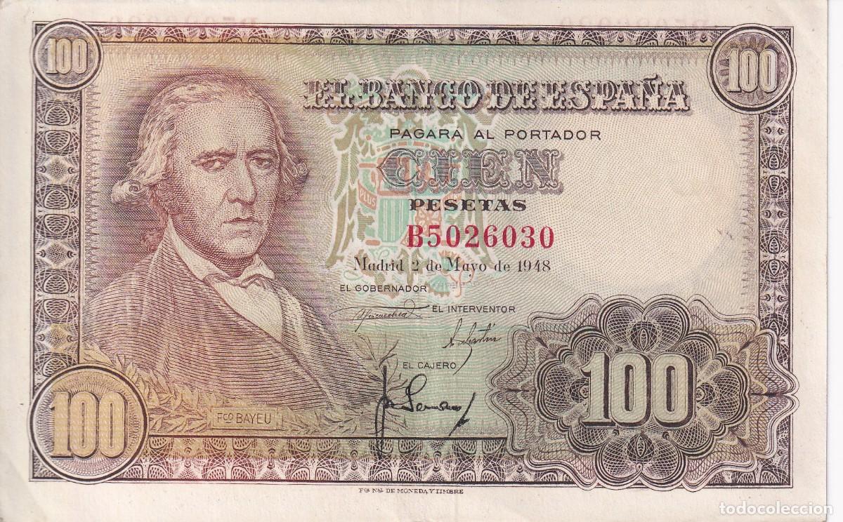 Notas espanholas: BILLETE DE ESPA&Ntilde;A DE 100 PESETAS DEL 2/05/1948 FRANCISCO BAYEU SERIE B EN CALIDAD EBC